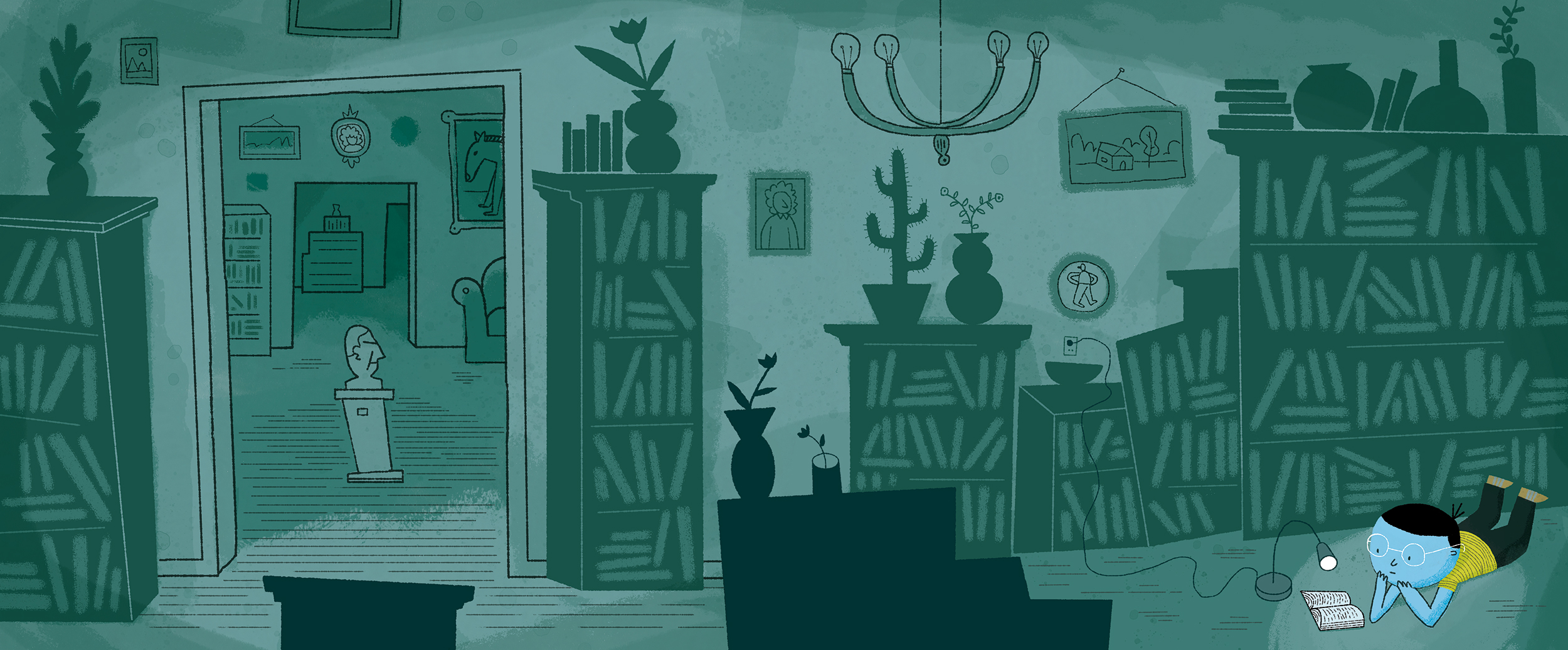 Illustration of a boy with glasses lying on the floor reading in a dark green room filled with bookcases