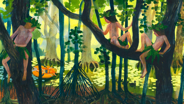 Illustration of three children with leaf crowns sitting and climbing in trees in a green forest by a pond